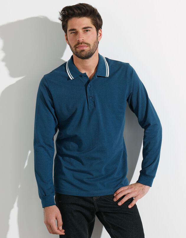 Polo uni maille piquée manches longues (bleu canard)