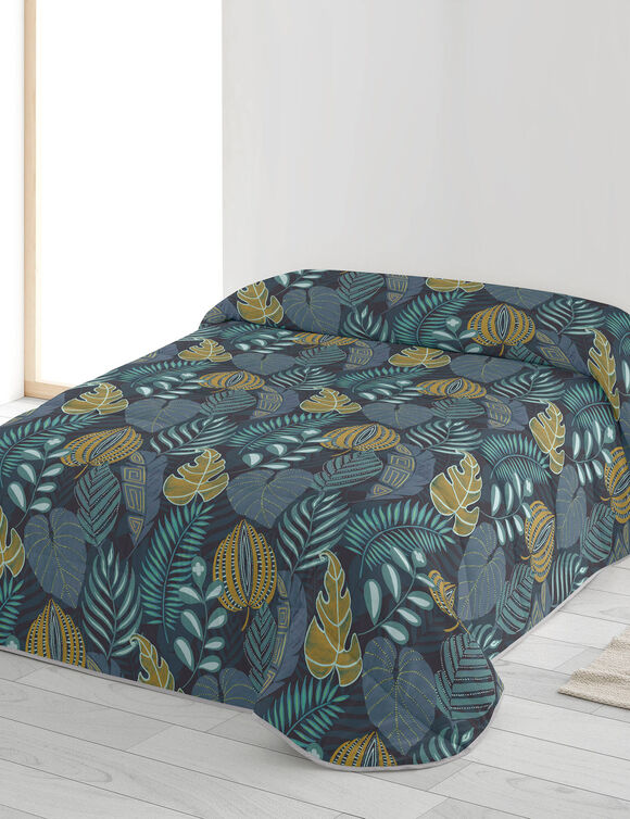 Couette microfibre imprimée Feuilles 200 g/m² (bleu canard / miel)