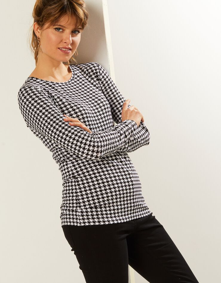 Tee-shirt col rond imprimé pied-de-poule, stretch (noir / blanc) Tee-shirt col rond imprimé pied-de-poule, stretch (noir / blanc)