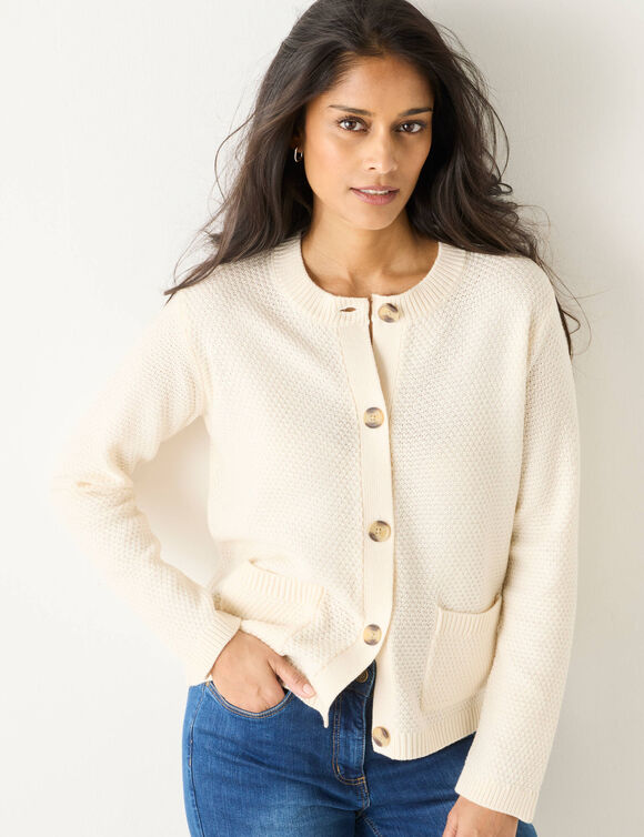 Gilet boutonné manches longues, maille fantaisie (écru)