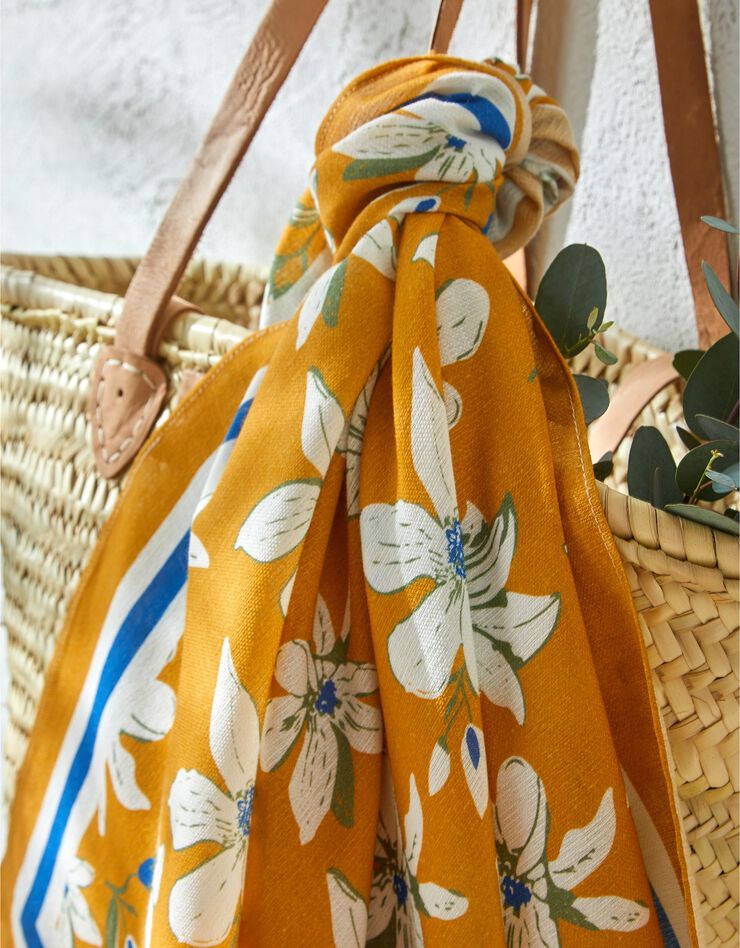 Foulard fabriqué en France imprimé fleurs, 98x98 cm, coton biologique (jaune)