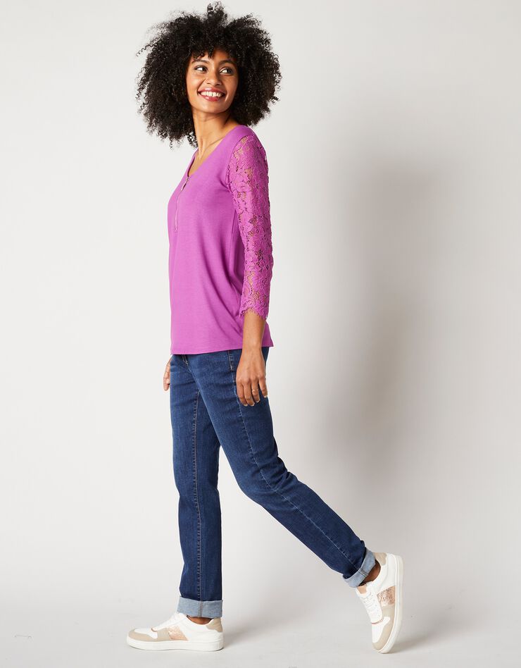 Tee-shirt col zippé manches 3/4 dentelle jersey (violine) Tee-shirt col zippé manches 3/4 dentelle jersey (violine)