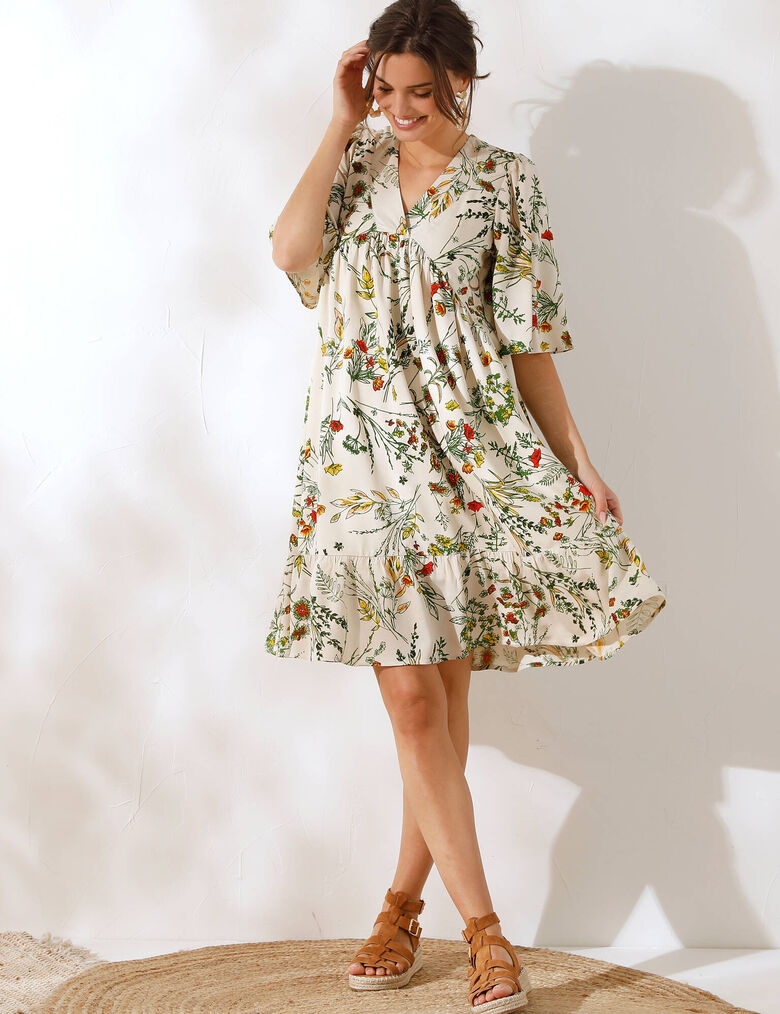 Robe courte col V, imprim?� fleuri, ?�cru | Blancheporte