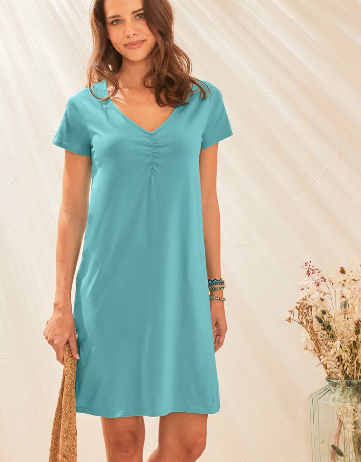 Robe manches courtes col V unie, maille stretch (turquoise)