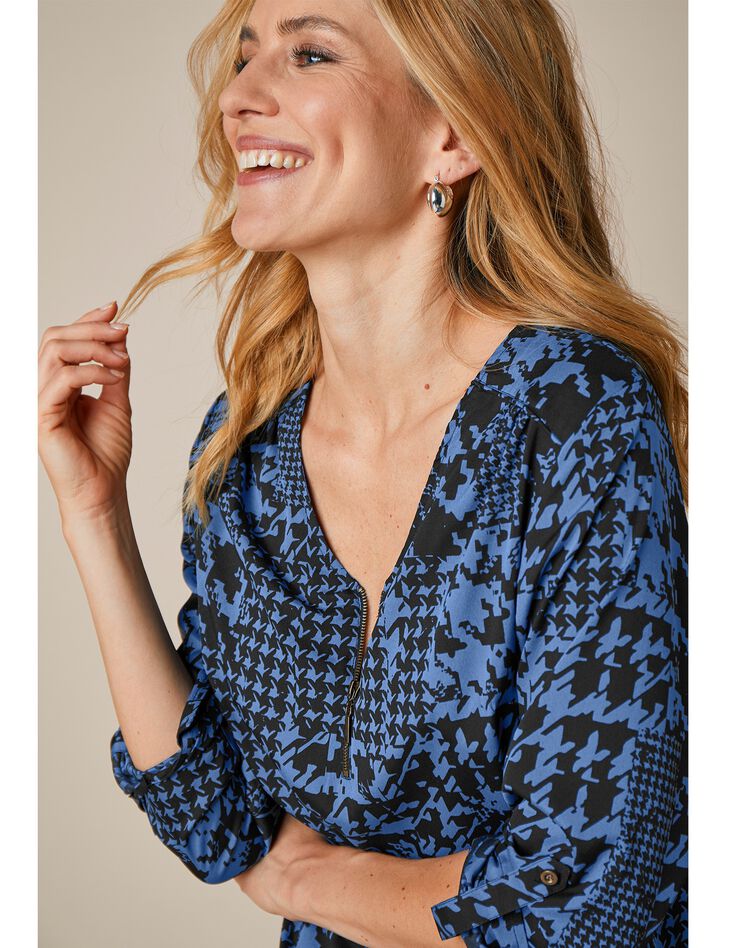 Blouse zippée imprimé pied de poule - manches longues (noir / bleu) Blouse zippée imprimé pied de poule - manches longues (noir / bleu)