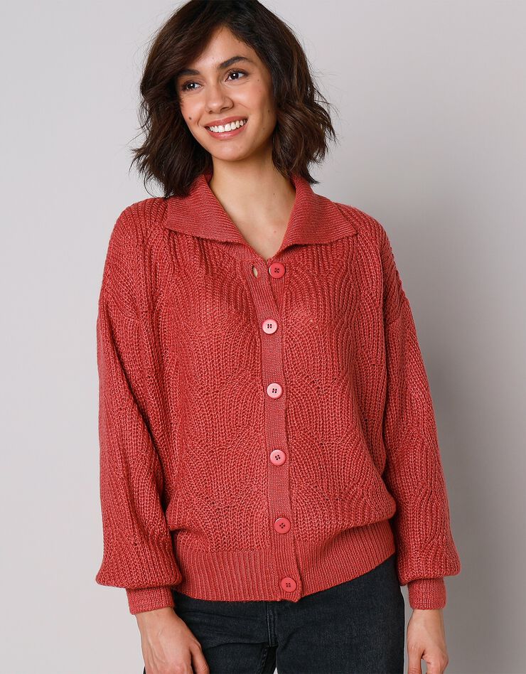 Cardigan maille fantaisie manches blousantes avec col (bleu paon) Cardigan maille fantaisie manches blousantes avec col (bleu paon)