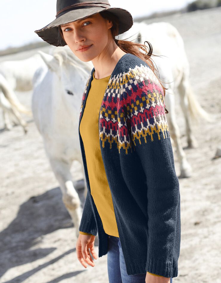 Gilet jacquard porter ouvert toucher mohair (marine) Gilet jacquard porter ouvert toucher mohair (marine)