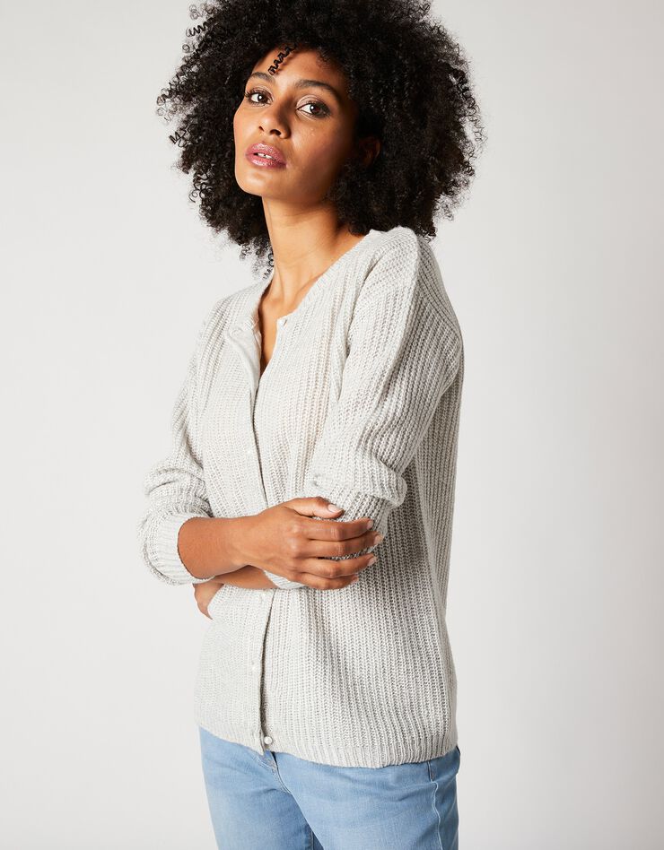 Cardigan boutons façon perles, maille anglaise (gris chiné)