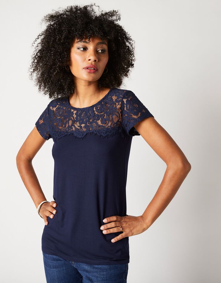 T-shirt dentelle col rond manches courtes (marine)