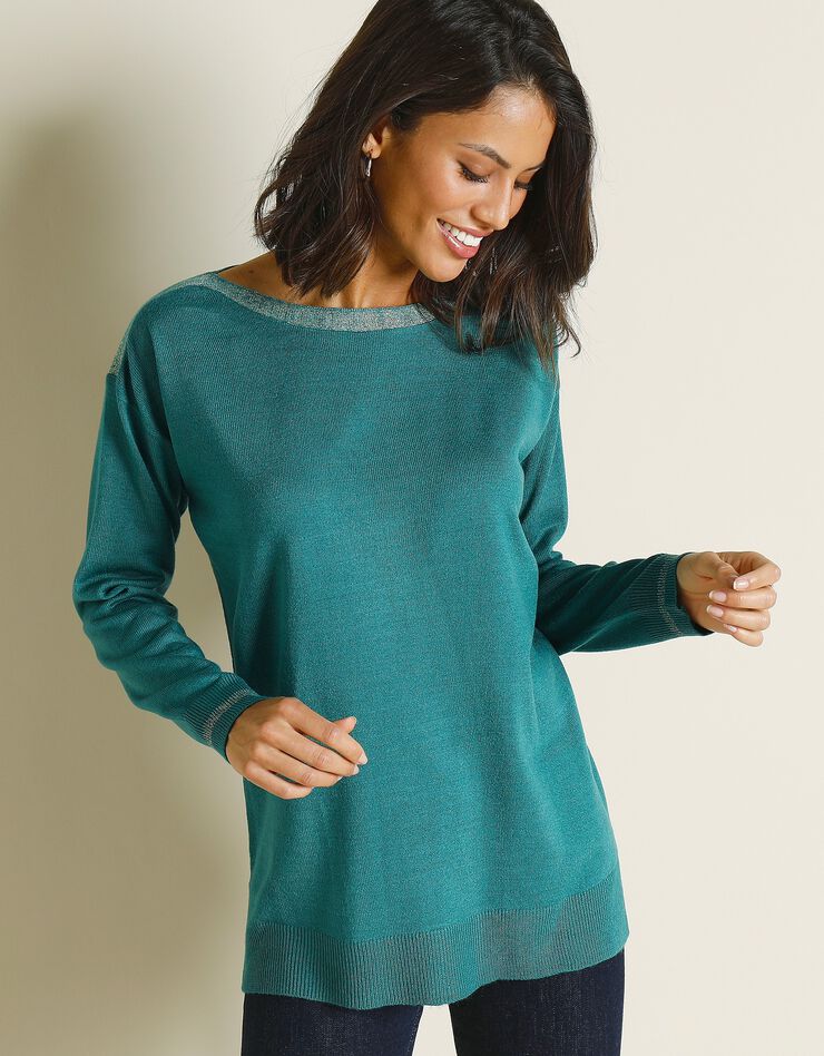 Pull marinière uni, toucher cachemire détails brillants (émeraude) Pull marinière uni, toucher cachemire détails brillants (émeraude)