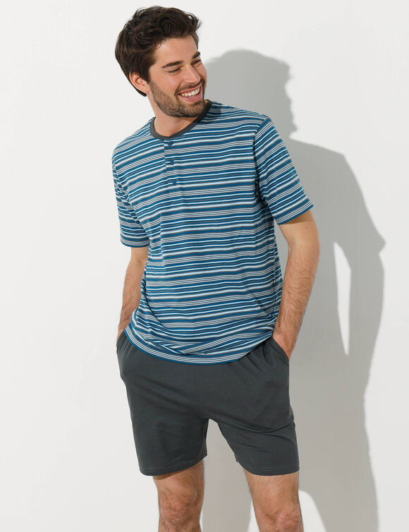 Pyjama-short rayé col tunisien (anthracite / bleu canard)