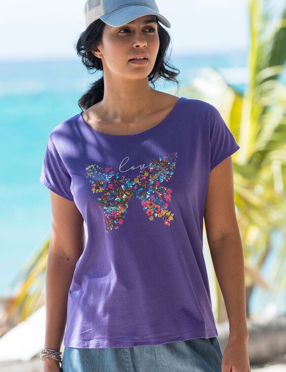 T-shirt imprimé placé "papillon" (violet)