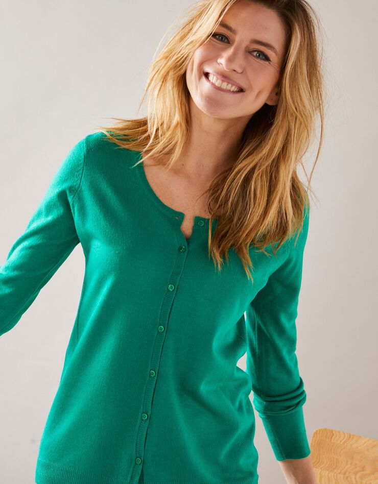 Cardigan boutonné col rond uni toucher cachemire (vert pomme) Cardigan boutonné col rond uni toucher cachemire (vert pomme)