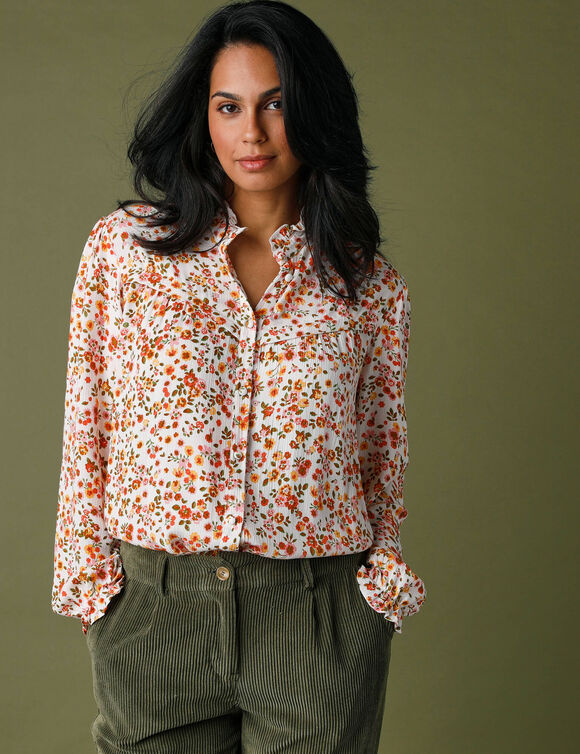 Blouse volantée imprimée, crépon (écru / miel)
