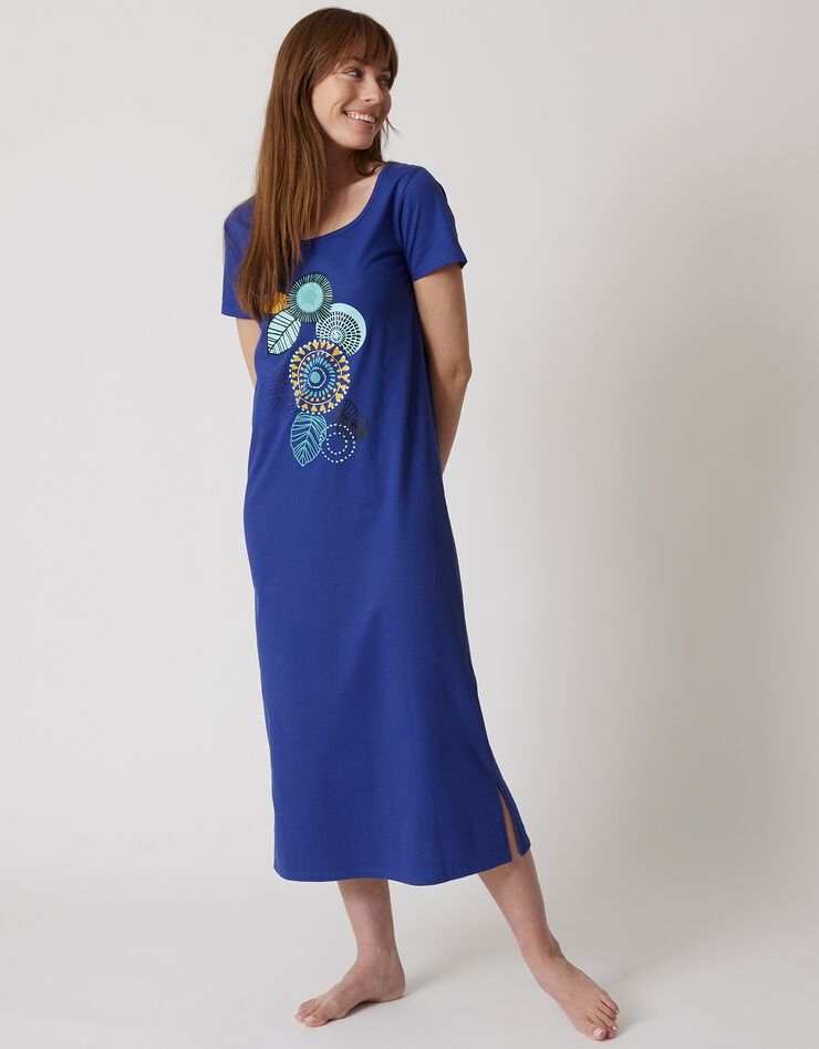 Chemise de nuit longue manches courtes motif «rosaces » (bleu dur)