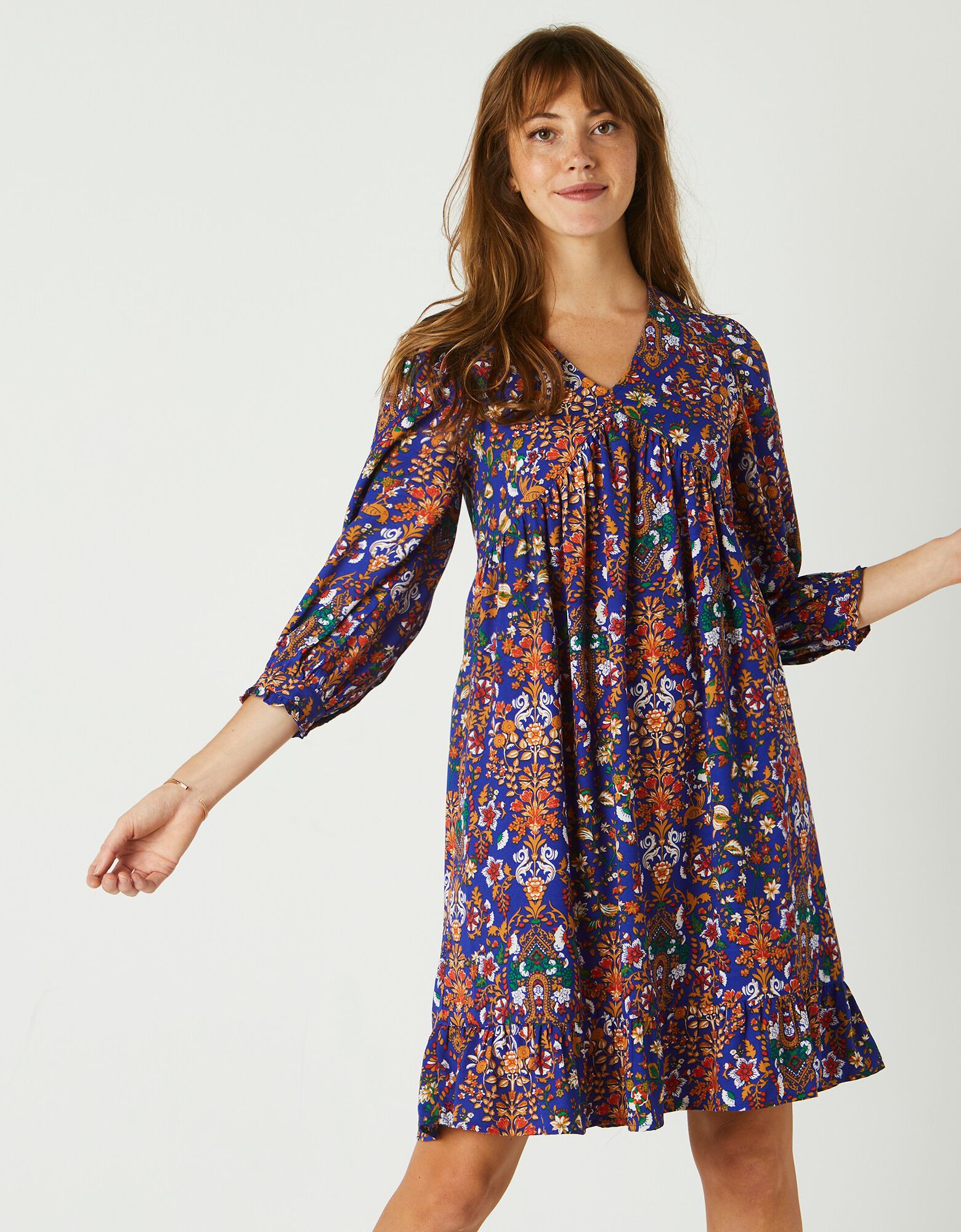 Robe housse manches 3/4 imprimée, crêpe, bleu / orange Blancheporte
