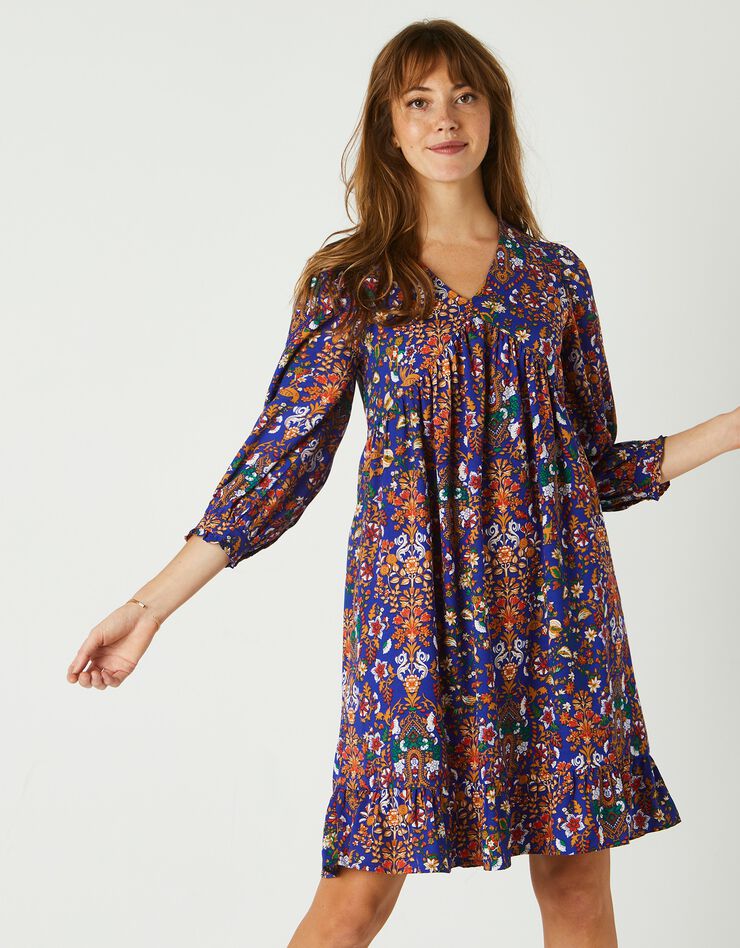 Robe housse manches 3/4 imprimée, crêpe (bleu / orange)