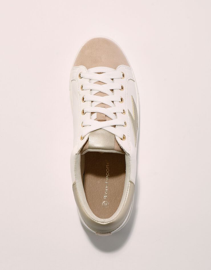 Tennis à lacets avec détail éclair doré - effet bimatière (blanc / beige)