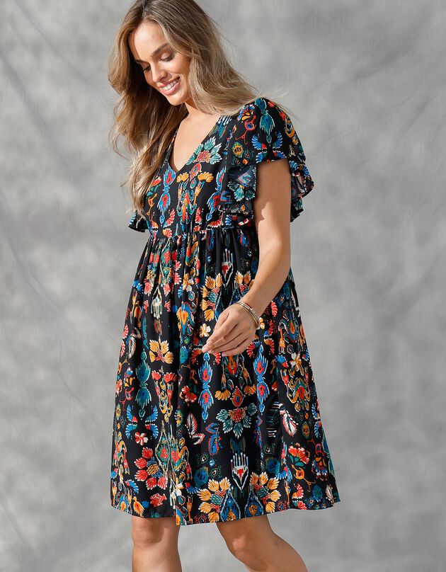 Robe courte manches "papillon", imprimé multicolore (noir / safran)