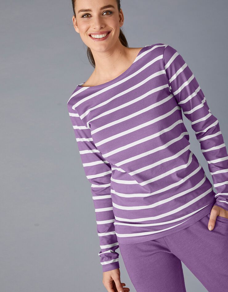 Tee-shirt marinière manches longues en coton bio, éco-responsable (violet / blanc)