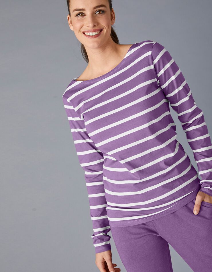 Tee-shirt marinière manches longues en coton bio, éco-responsable (violet / blanc) Tee-shirt marinière manches longues en coton bio, éco-responsable (violet / blanc)