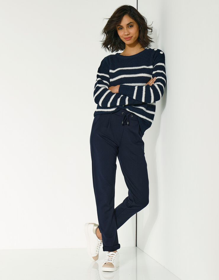 Pull rayé manches longues épaule boutonnée (marine / écru) Pull rayé manches longues épaule boutonnée (marine / écru)