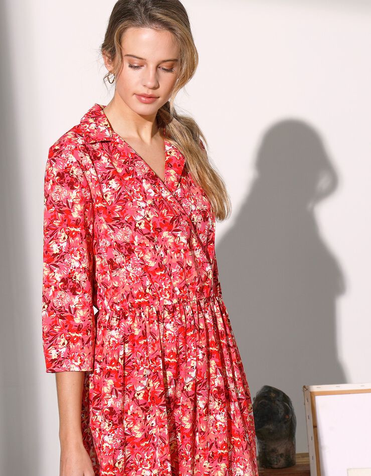 Robe cache-coeur imprimée manches 3/4, crêpe (fuchsia / prune)