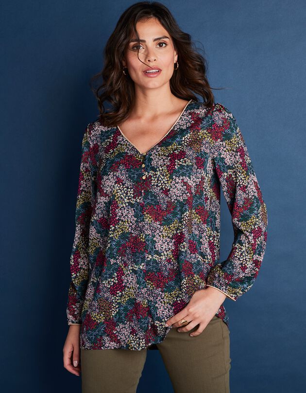 Blouse évasée détails dorés imprimé fleurs (vert mousse / framboise)