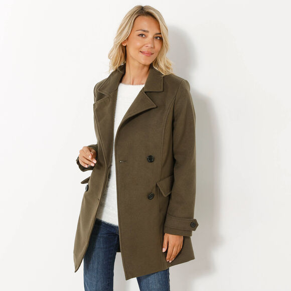 Manteau caban boutonn&eacute; uni (kaki)