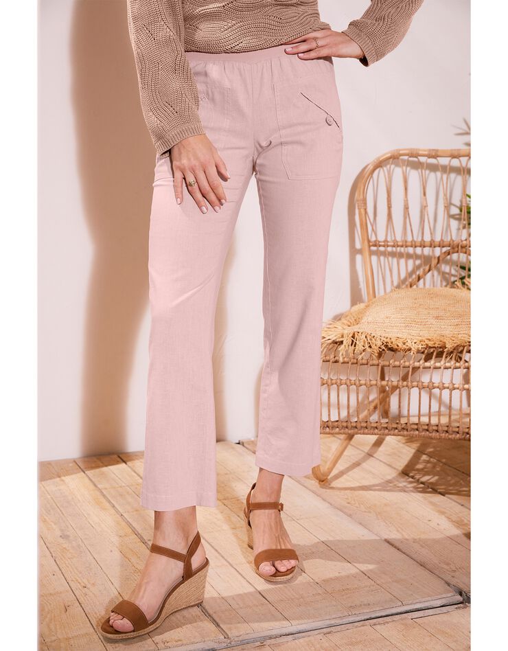 Pantalon coupe droite 7/8ème taille élastiquée, lin coton (rose poudré) Pantalon coupe droite 7/8ème taille élastiquée, lin coton (rose poudré)