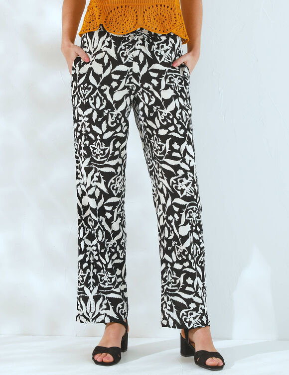 Pantalon large fluide, imprim&eacute; bicolore (noir / beige)