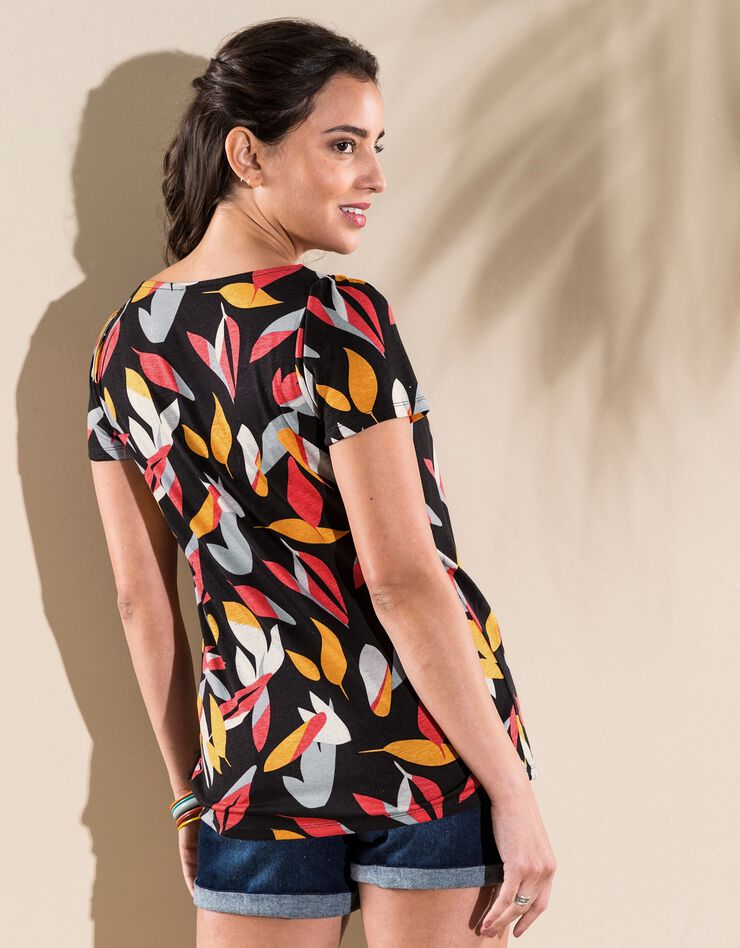 Tee-shirt imprimé col carré (noir / corail) Tee-shirt imprimé col carré (noir / corail)