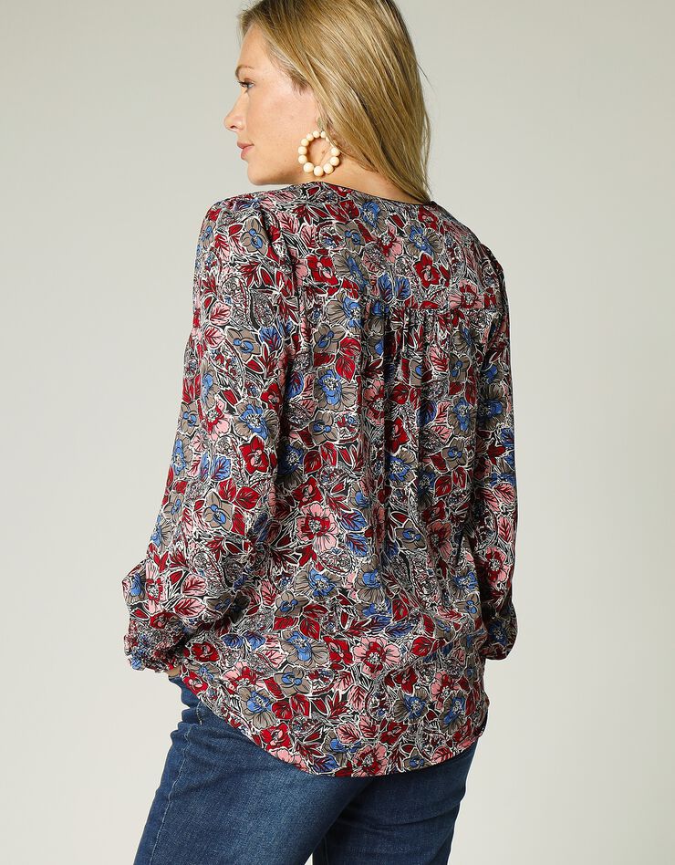 Blouse imprimée romantique col V (noir / rose) Blouse imprimée romantique col V (noir / rose)