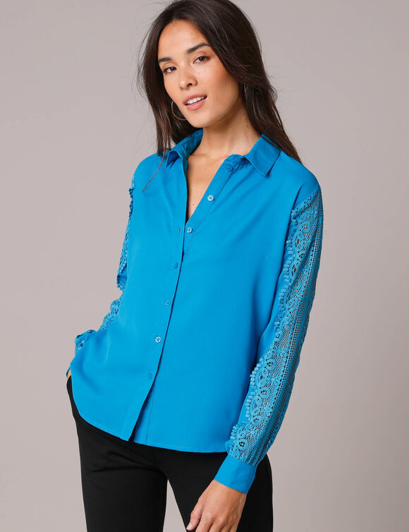 Chemisier boutonné dentelle uni (bleu)