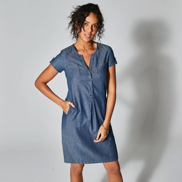 Robe col tunisien, denim l&eacute;ger (stone)