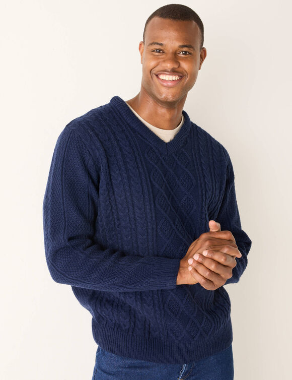 Pull col V maille irlandaise (marine)