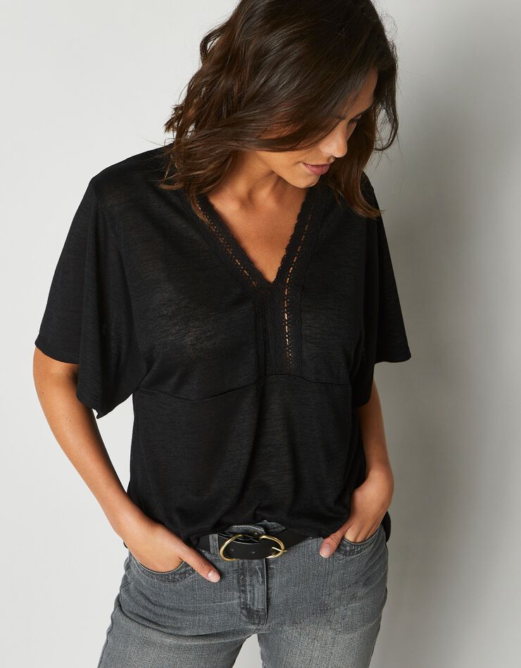 Tee-shirt col V macramé, effet lin (noir) Tee-shirt col V macramé, effet lin (noir)