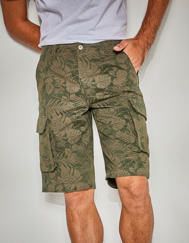Bermuda toile imprimé feuillage (kaki foncé)