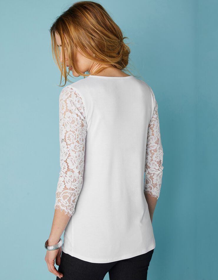 Tee-shirt col zippé manches 3/4 dentelle jersey (blanc) Tee-shirt col zippé manches 3/4 dentelle jersey (blanc)
