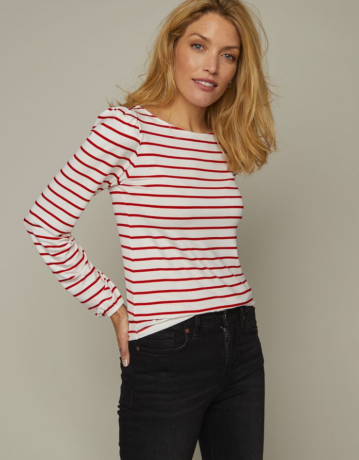 Tee-shirt col bateau rayé, fils tissés-teints (écru / rouge) Tee-shirt col bateau rayé, fils tissés-teints (écru / rouge)