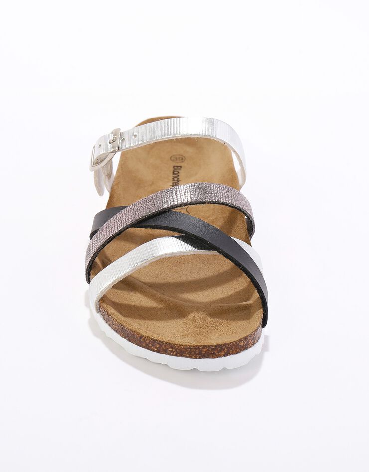 Mules compensées multibrides à boucle réglable semelle liège (noir / argenté)