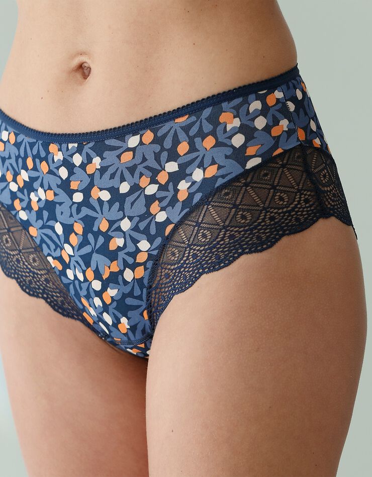 Culotte forme maxi coton stretch imprimé "fruits" et dentelle - lot de 3 (marine + bleu + orange) Culotte forme maxi coton stretch imprimé "fruits" et dentelle - lot de 3 (marine + bleu + orange)