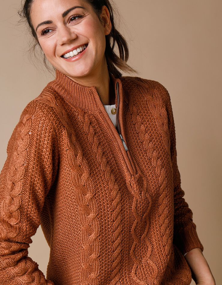 Pull col montant zippé maille torsadée toucher cachemire (noisette) Pull col montant zippé maille torsadée toucher cachemire (noisette)