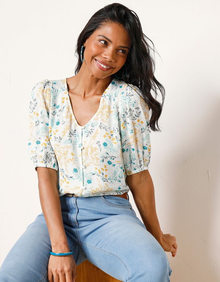 Blouse boutonnée imprimé fleuri, crépon (écru) Blouse boutonnée imprimé fleuri, crépon (écru)