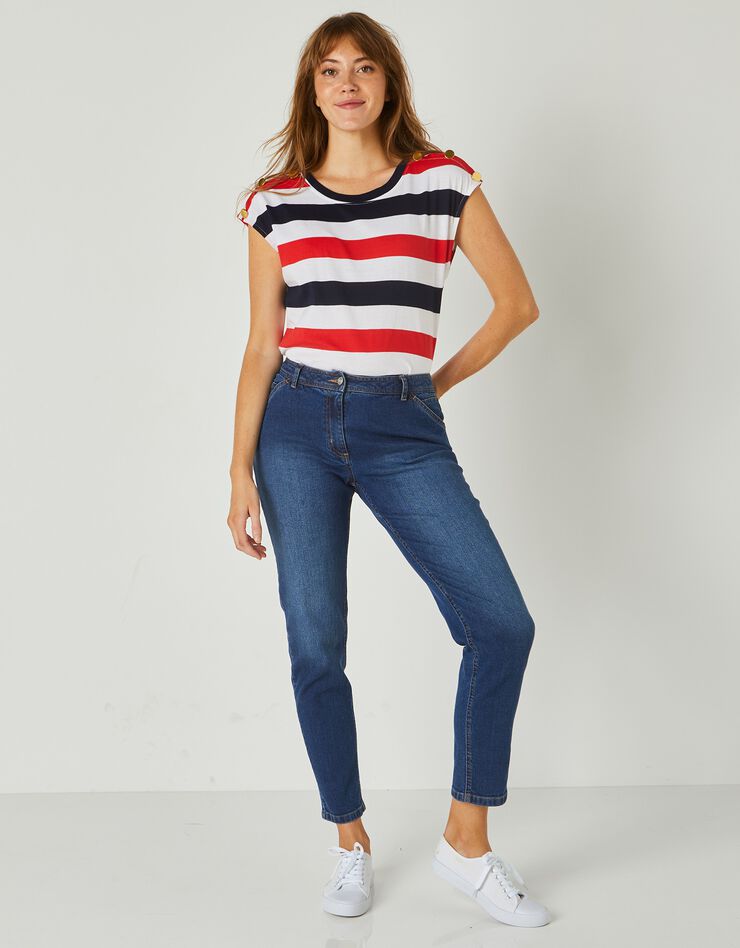 Tee-shirt épaules boutonnées rayé (blanc / bleu / rouge) Tee-shirt épaules boutonnées rayé (blanc / bleu / rouge)