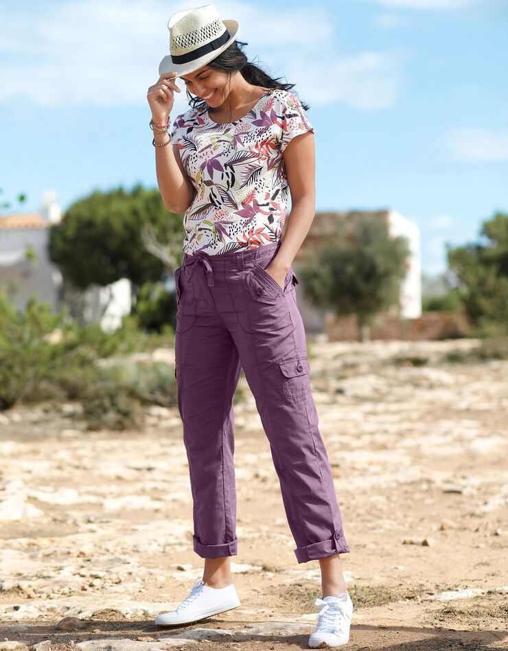 Tee-shirt col rond imprimé tropical (écru / violine) Tee-shirt col rond imprimé tropical (écru / violine)