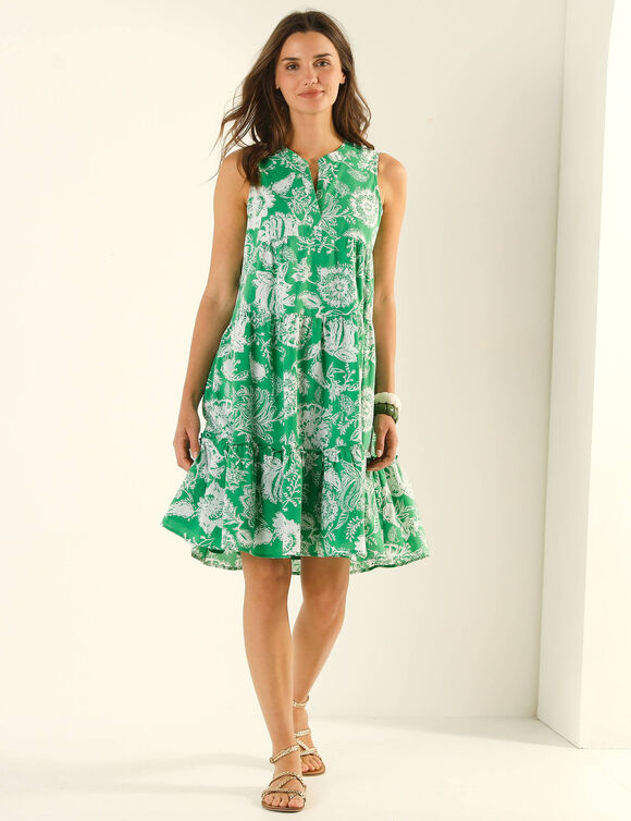 Robe sans manches volant&eacute;e, batiste imprim&eacute;e (vert)
