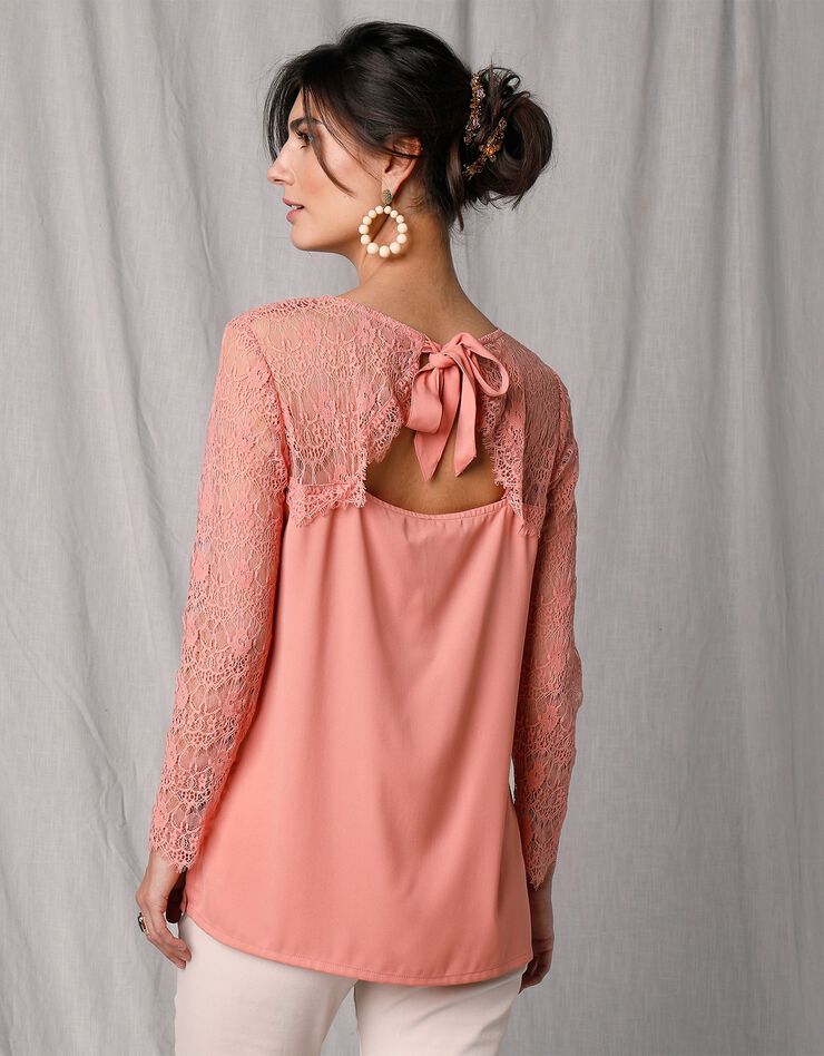 Blouse dentelle noeud dos manches longues (rose grisé) Blouse dentelle noeud dos manches longues (rose grisé)
