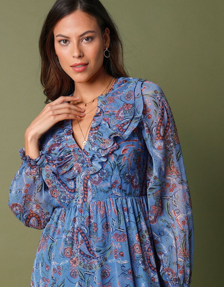 Robe longueur midi volantée en voile imprimé (bleu)