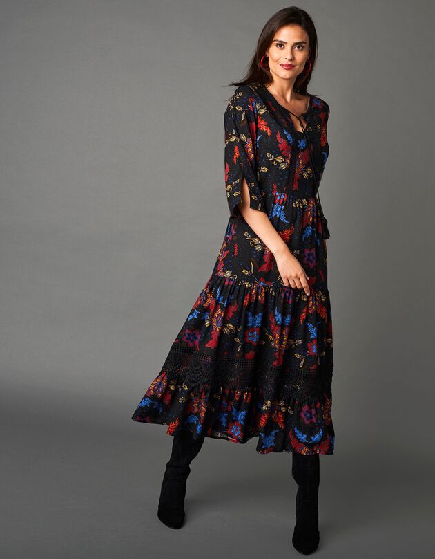 Robe longue imprimée manches 3/4 (noir / rouge)
